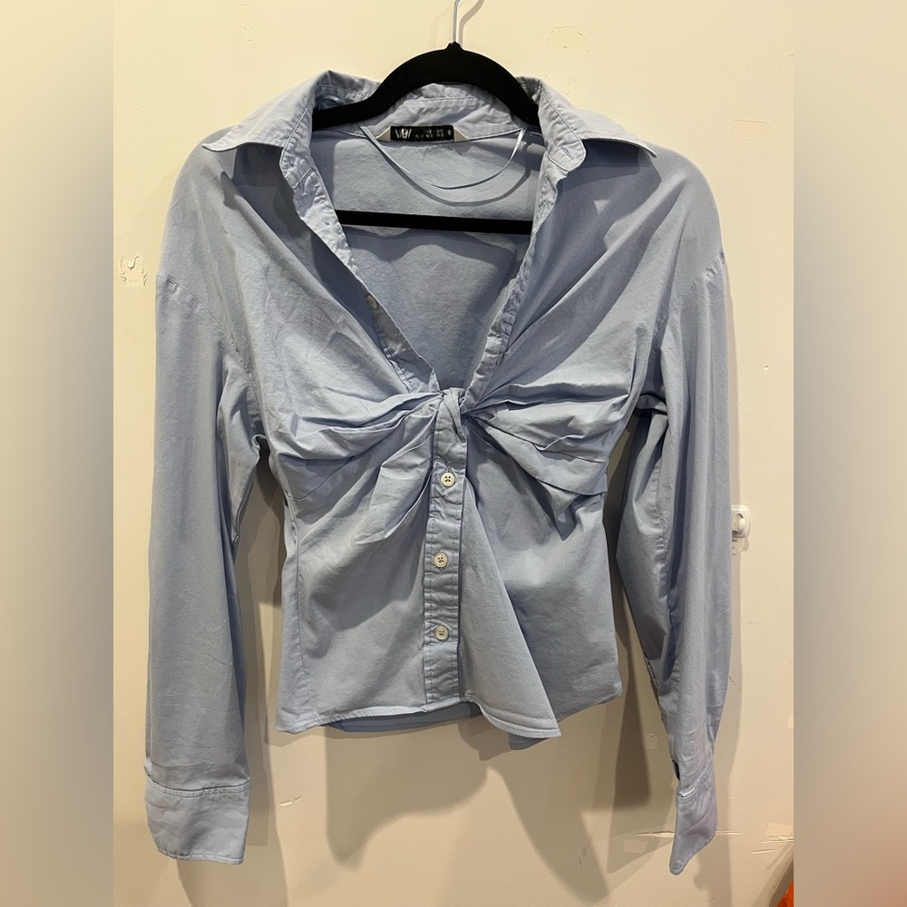 Long Sleeve Light Blue Shirt with Twisted Neck